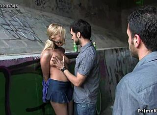 Group sex with blonde exhibitionist on public bus