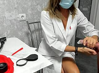 Doctor's assistant reviews cougar's medical history and cumshot